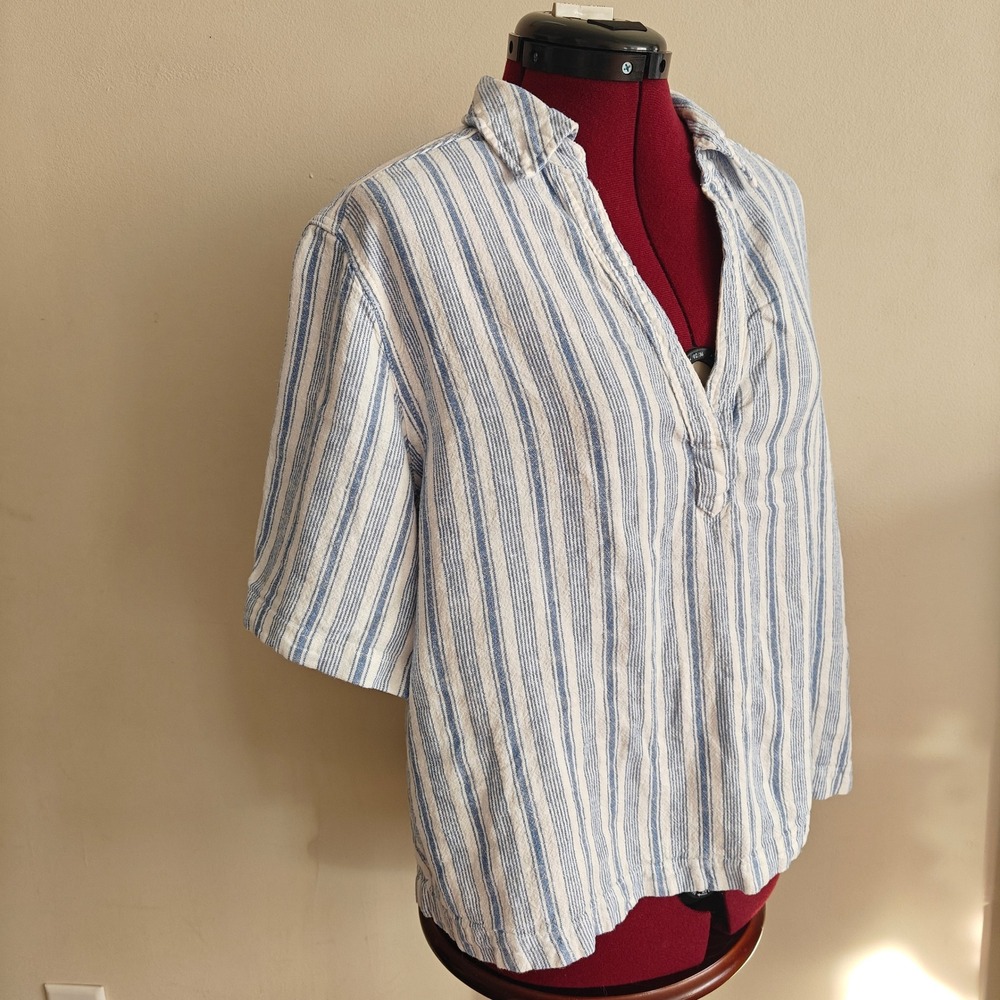 Universal Threads Linen Blend Top Striped Collared Large Beachy Relaxed Pullover